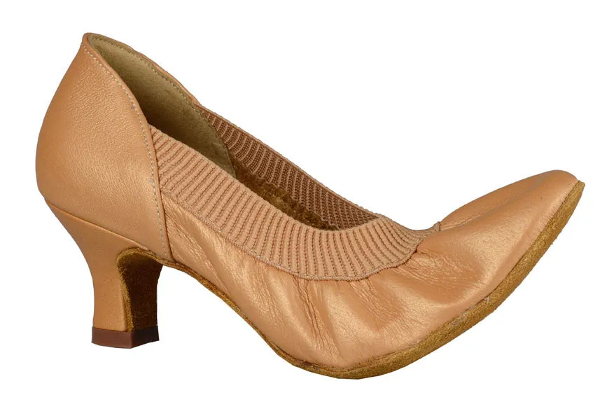 Dance America Helena Ladies Elasticized Tan Leather Ballroom Dance Shoe with Soft Knit Topline