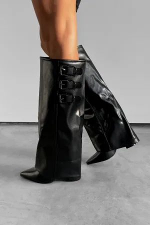 LENA Knee High Buckle Boots - Black