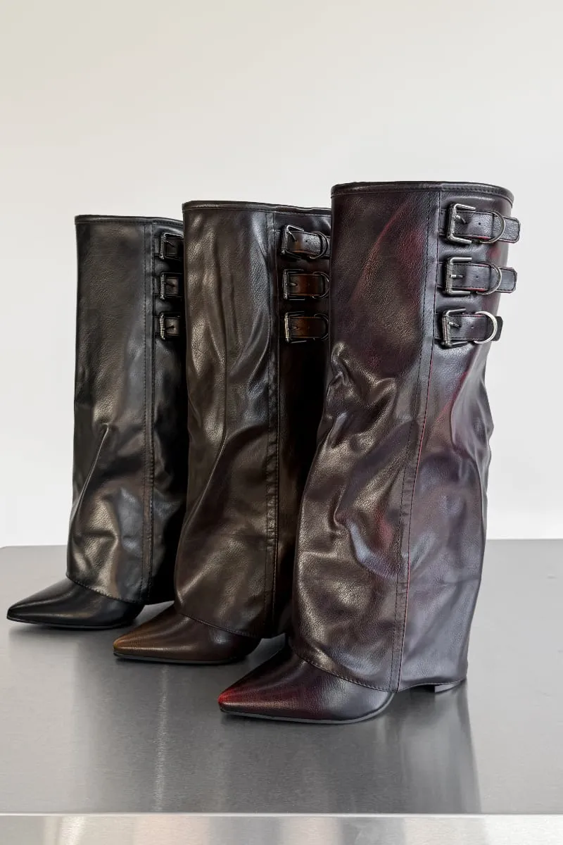 LENA Knee High Buckle Boots - Black