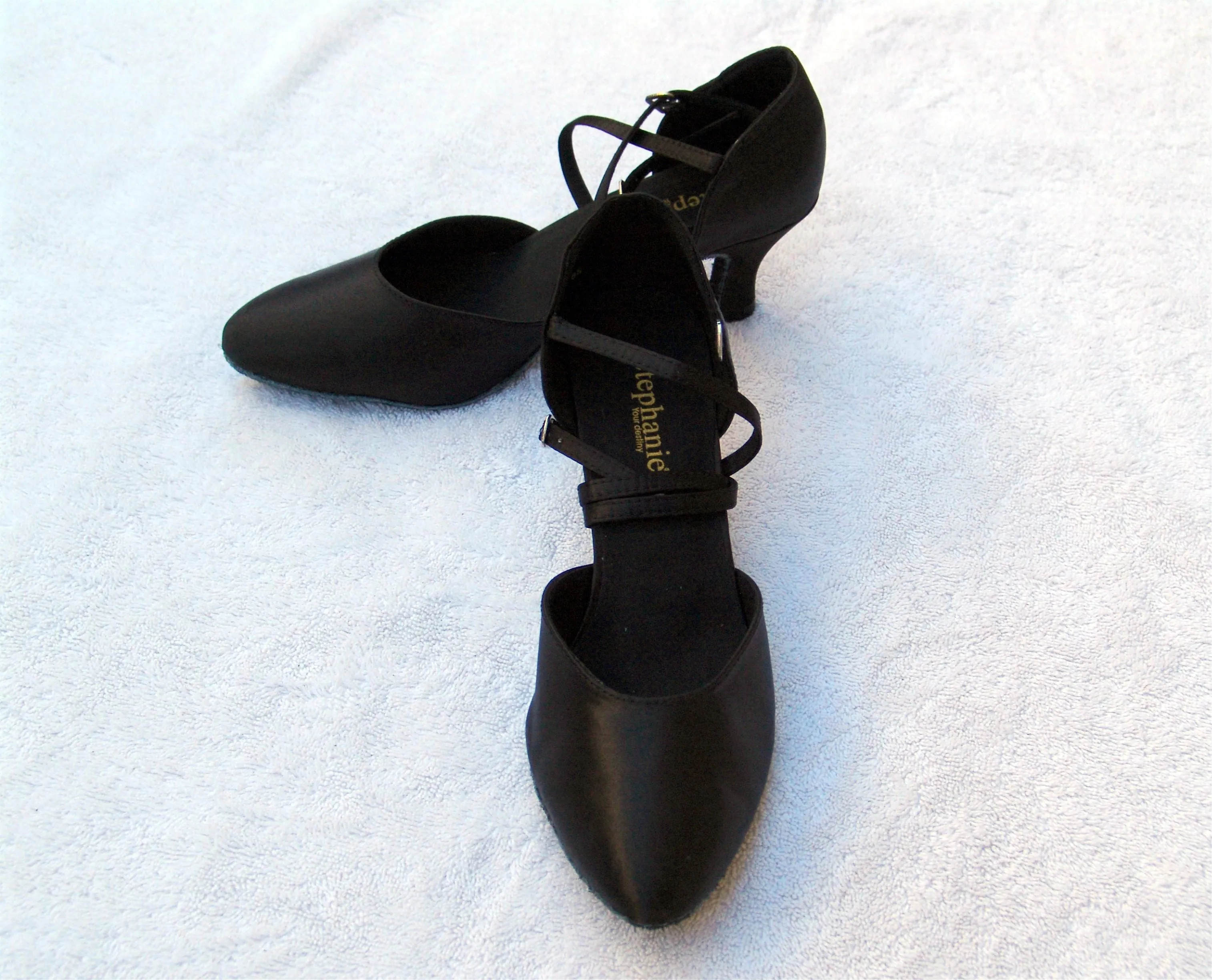 Stephanie Dance Shoes 15006 - 15  Black Satin X-Strap American Smooth Shoe
