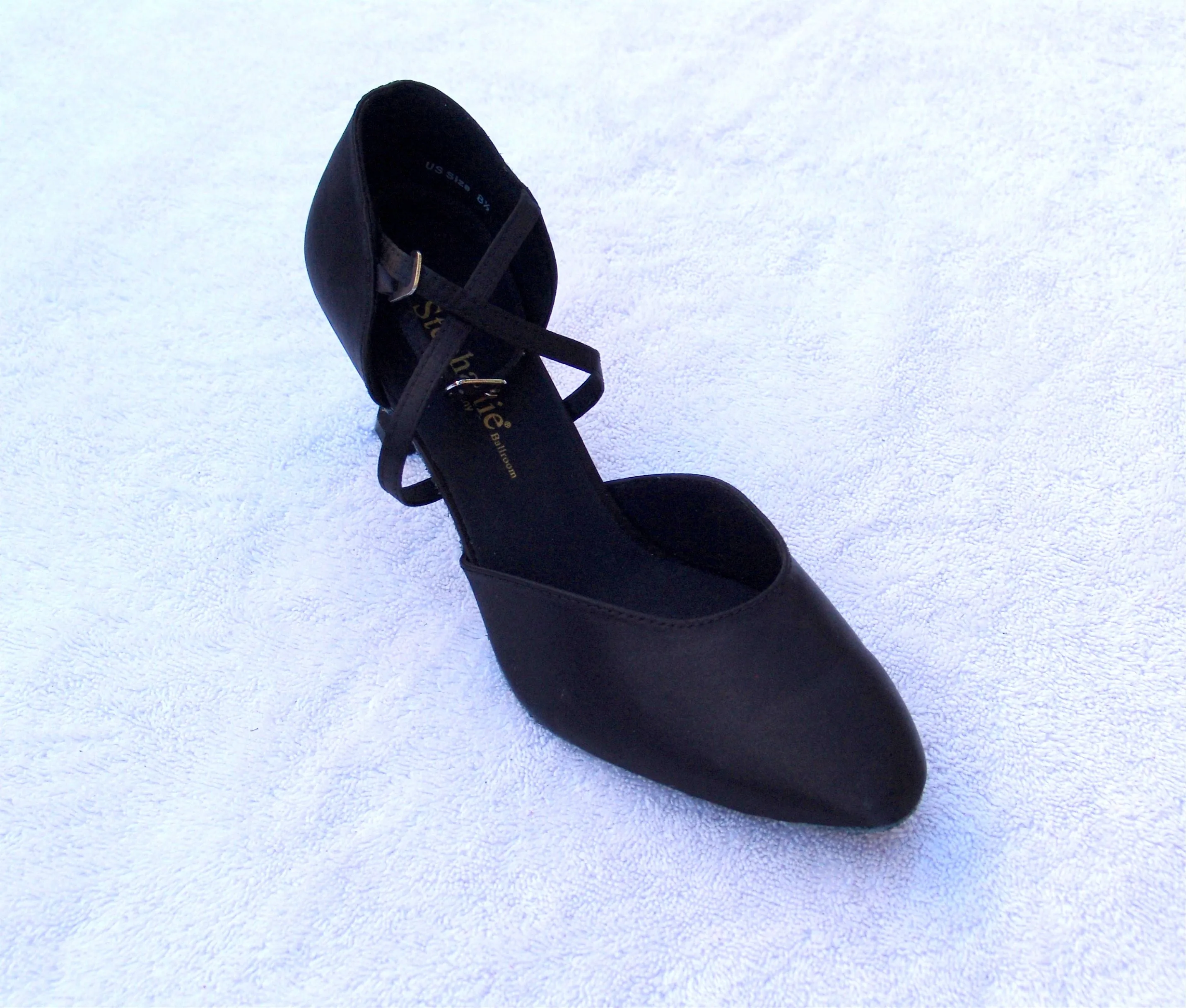 Stephanie Dance Shoes 15006 - 15  Black Satin X-Strap American Smooth Shoe