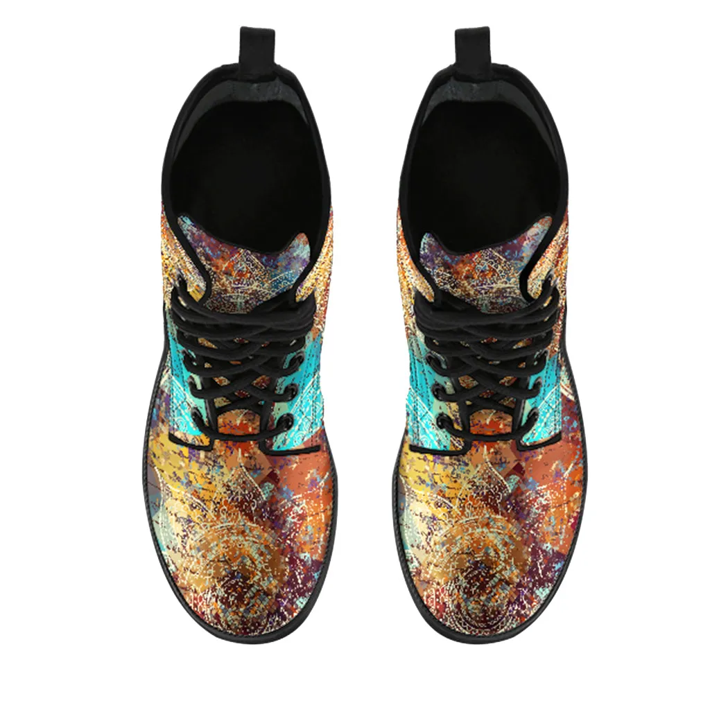 Vintage Mandala with Turquoise Splash Handcrafted Women's Vegan Leather Combat Boots