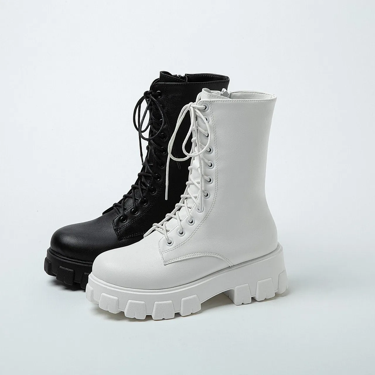 Women front-lace chunky platform short combat booties