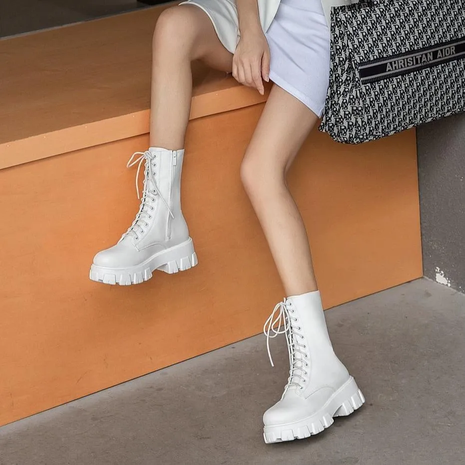 Women front-lace chunky platform short combat booties