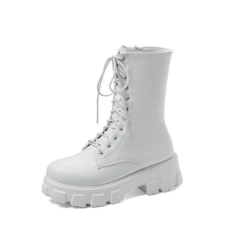 Women front-lace chunky platform short combat booties