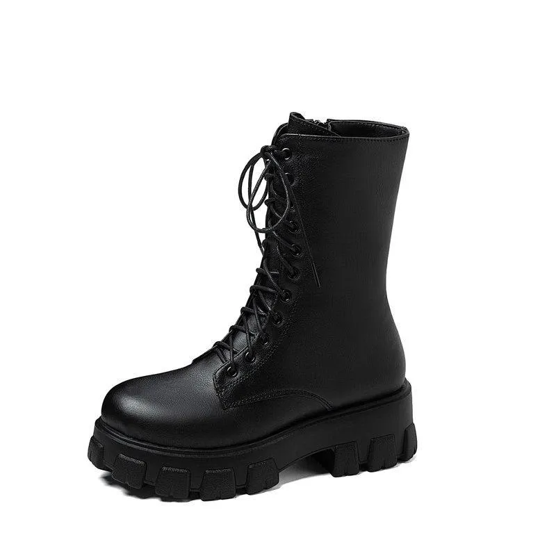 Women front-lace chunky platform short combat booties