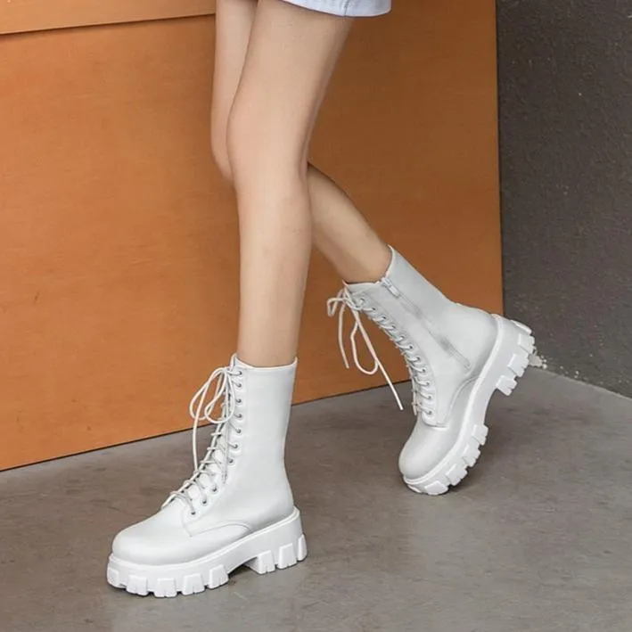 Women front-lace chunky platform short combat booties